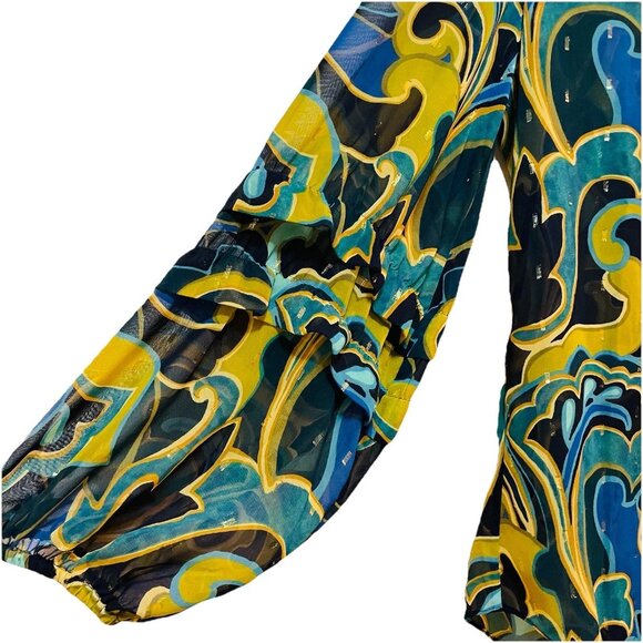 CHICO'S Blue/Green/Black Sheer Chiffon Clip Dot Swirl Print Blouse Sz 1 (Sz M-8) - Picture 9 of 11